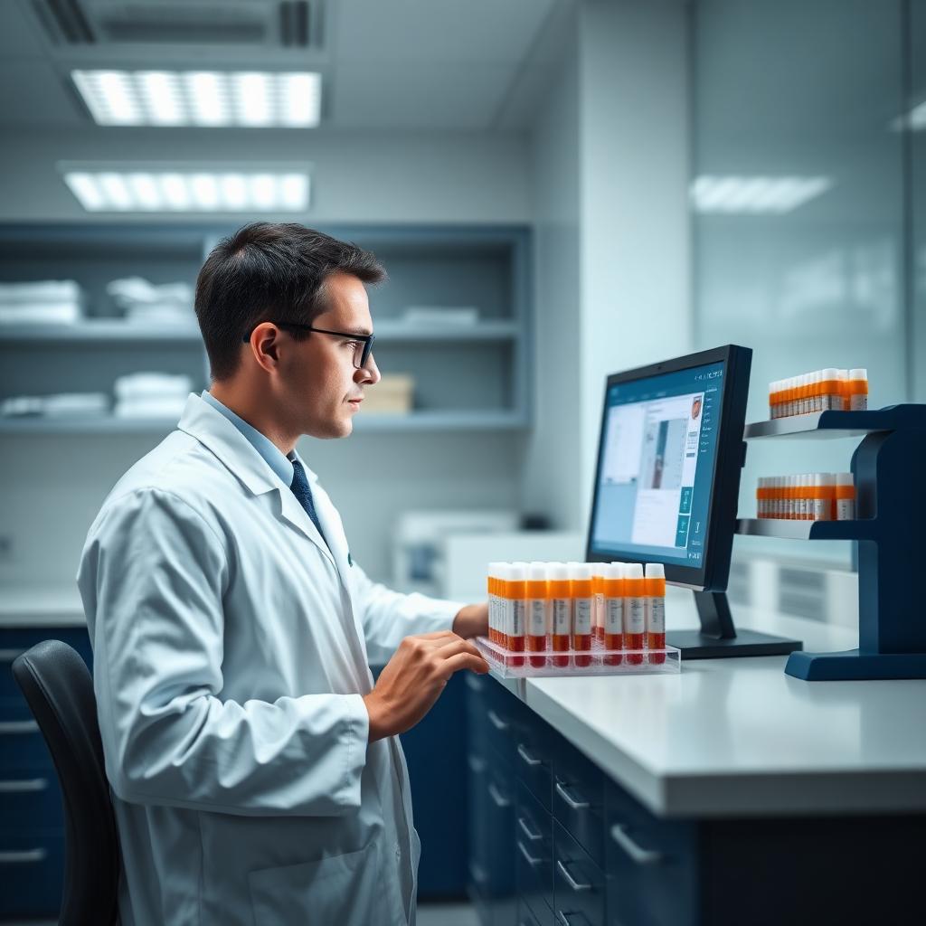 Laboratory technician reviewing diagnostic test results on a monitor at Krishna Labs